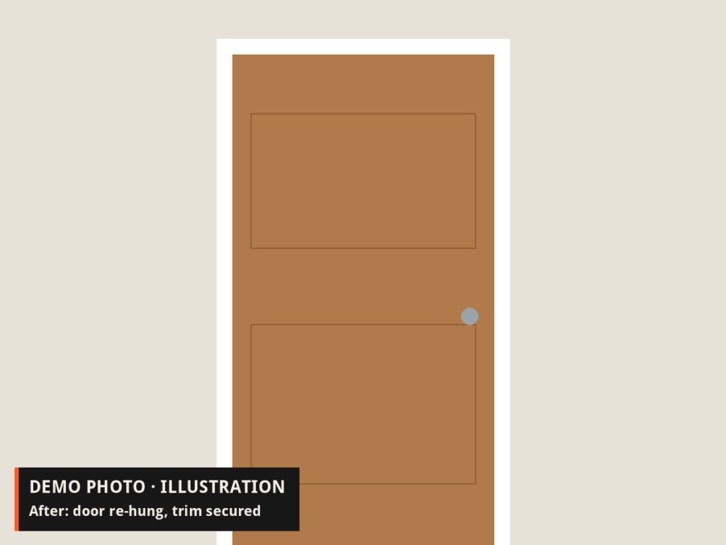 Demo illustration: the same door hanging square with even gaps and the casing trim secured.