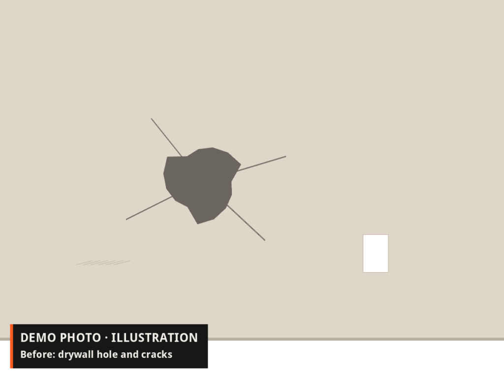 Demo illustration: a cream wall with a fist-sized hole and hairline cracks, before repair.