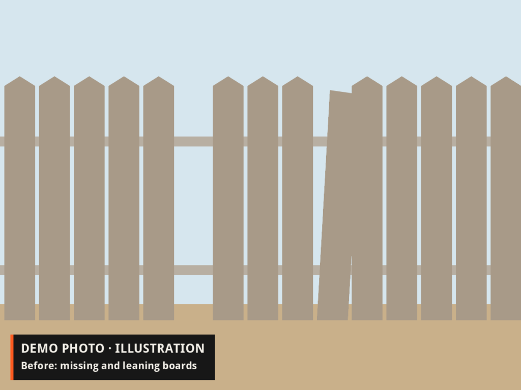 Demo illustration: a faded wood fence with one missing board and one leaning board.