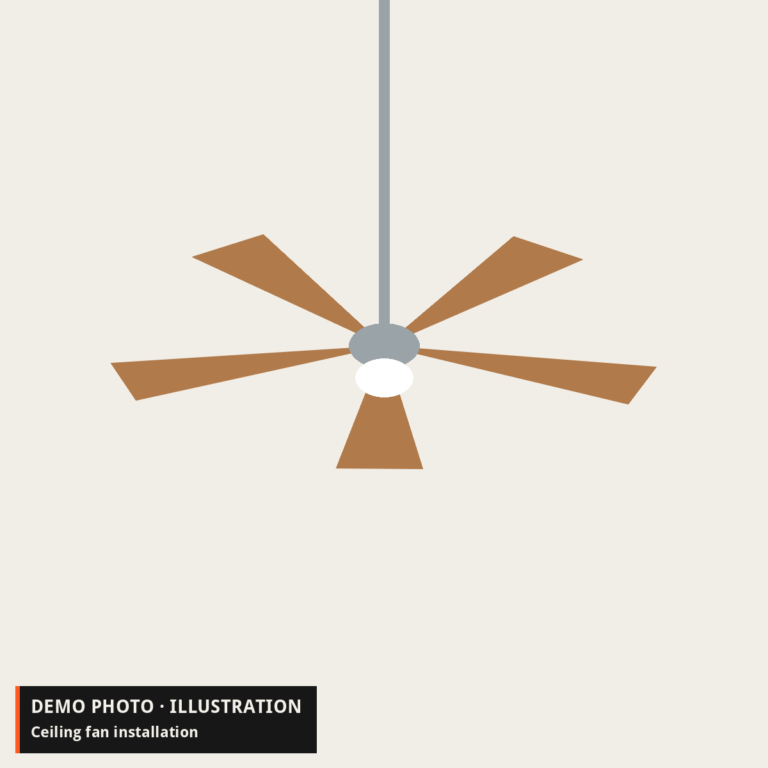Demo illustration: a ceiling fan with wooden blades mounted to a light ceiling.