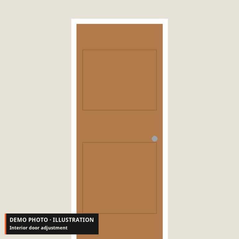 Demo illustration: a wooden interior door hanging square in its white frame.