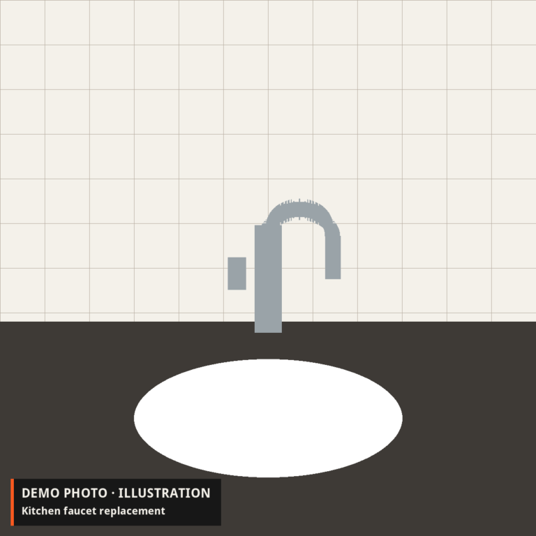 Demo illustration: a new kitchen faucet over a white sink with a tiled backsplash.
