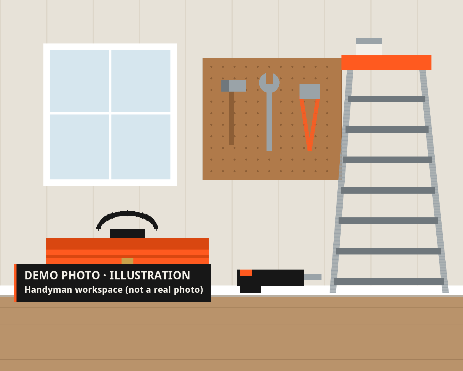 Demo illustration of a handyman workspace: a toolbox, a stepladder, a pegboard of hand tools and a cordless drill beside a window. Not a real photo.